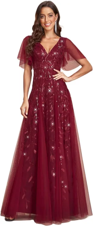 Ever-Pretty Women's Sequin Sparkly V-Neck Short Sleeve Maxi Evening Dress 00734