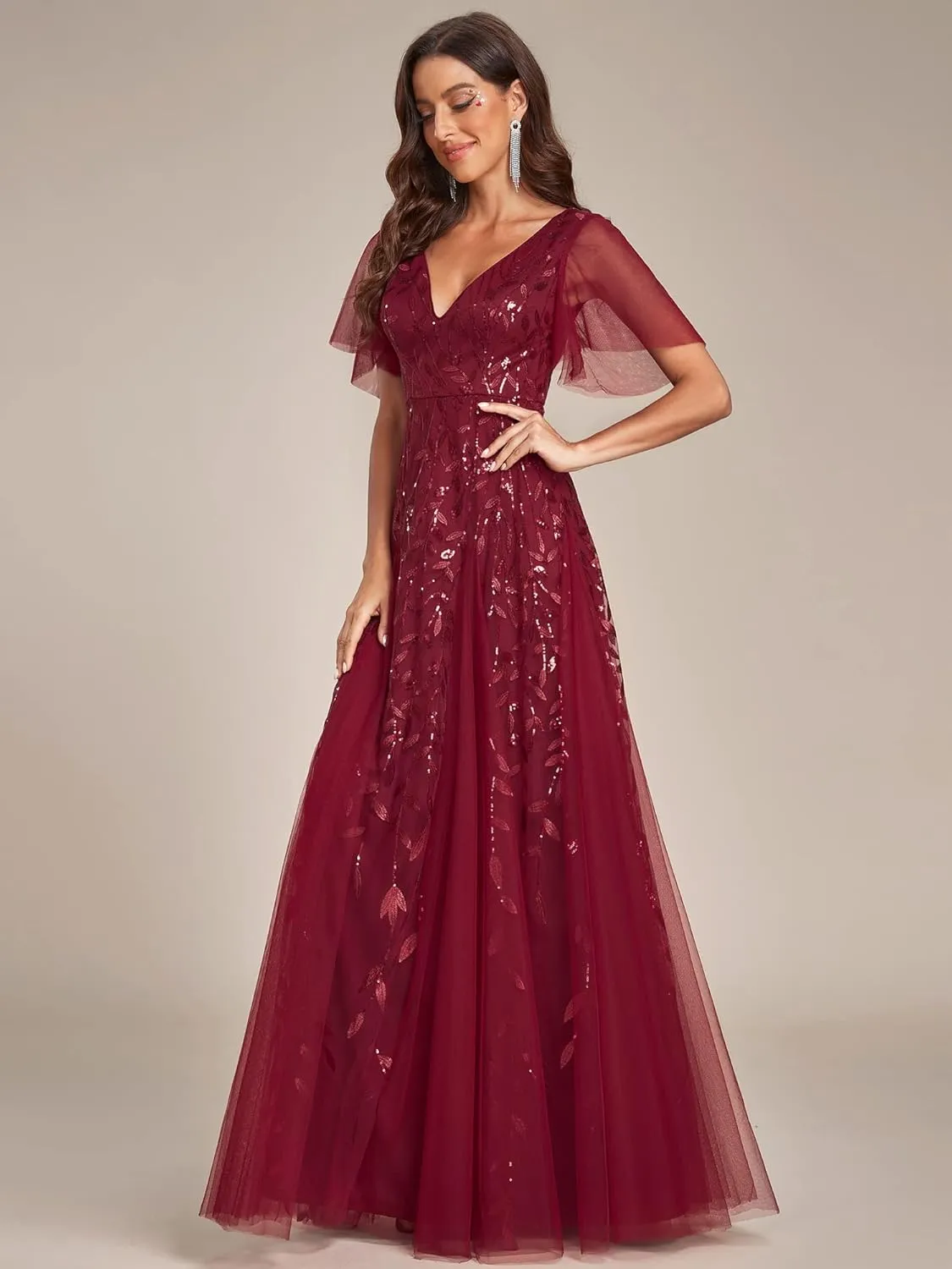 Ever-Pretty Women's Sequin Sparkly V-Neck Short Sleeve Maxi Evening Dress 00734