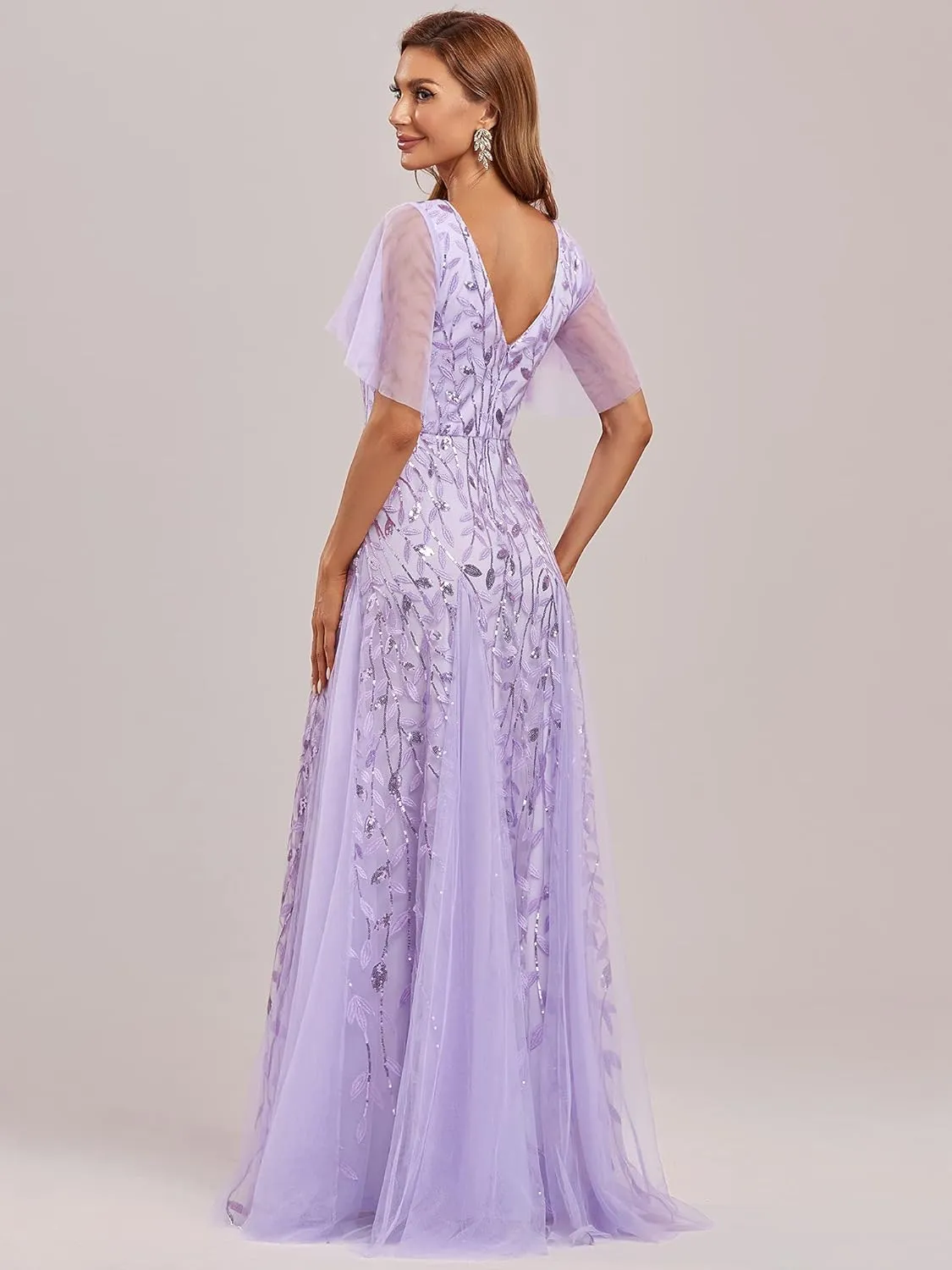 Ever-Pretty Women's Sequin Sparkly V-Neck Short Sleeve Maxi Evening Dress 00734