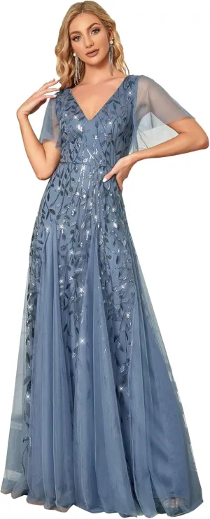 Ever-Pretty Women's Sequin Sparkly V-Neck Short Sleeve Maxi Evening Dress 00734