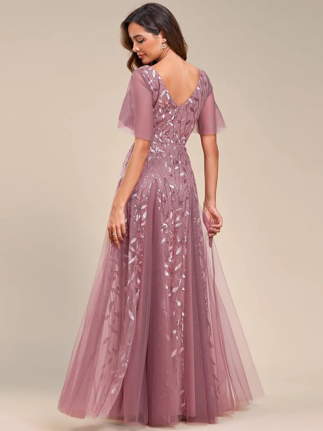 Ever-Pretty Women's Sequin Sparkly V-Neck Short Sleeve Maxi Evening Dress 00734