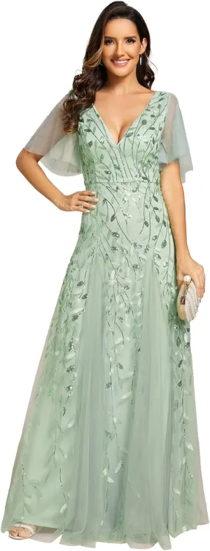 Ever-Pretty Women's Sequin Sparkly V-Neck Short Sleeve Maxi Evening Dress 00734