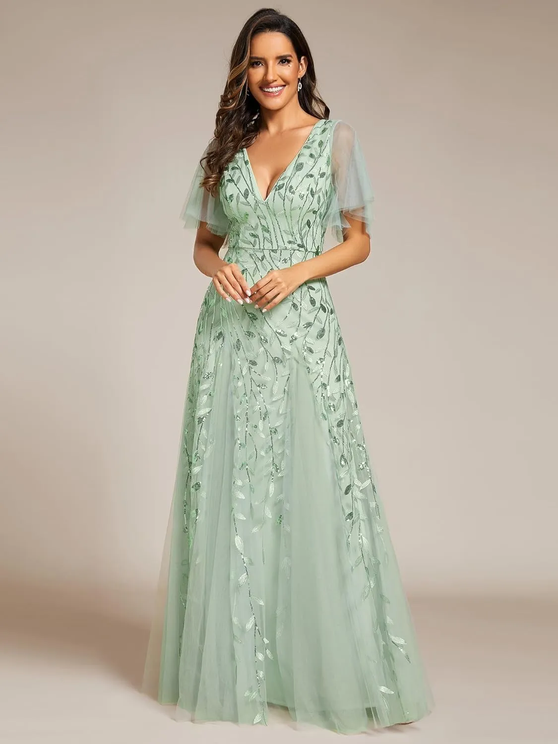 Ever-Pretty Women's Sequin Sparkly V-Neck Short Sleeve Maxi Evening Dress 00734
