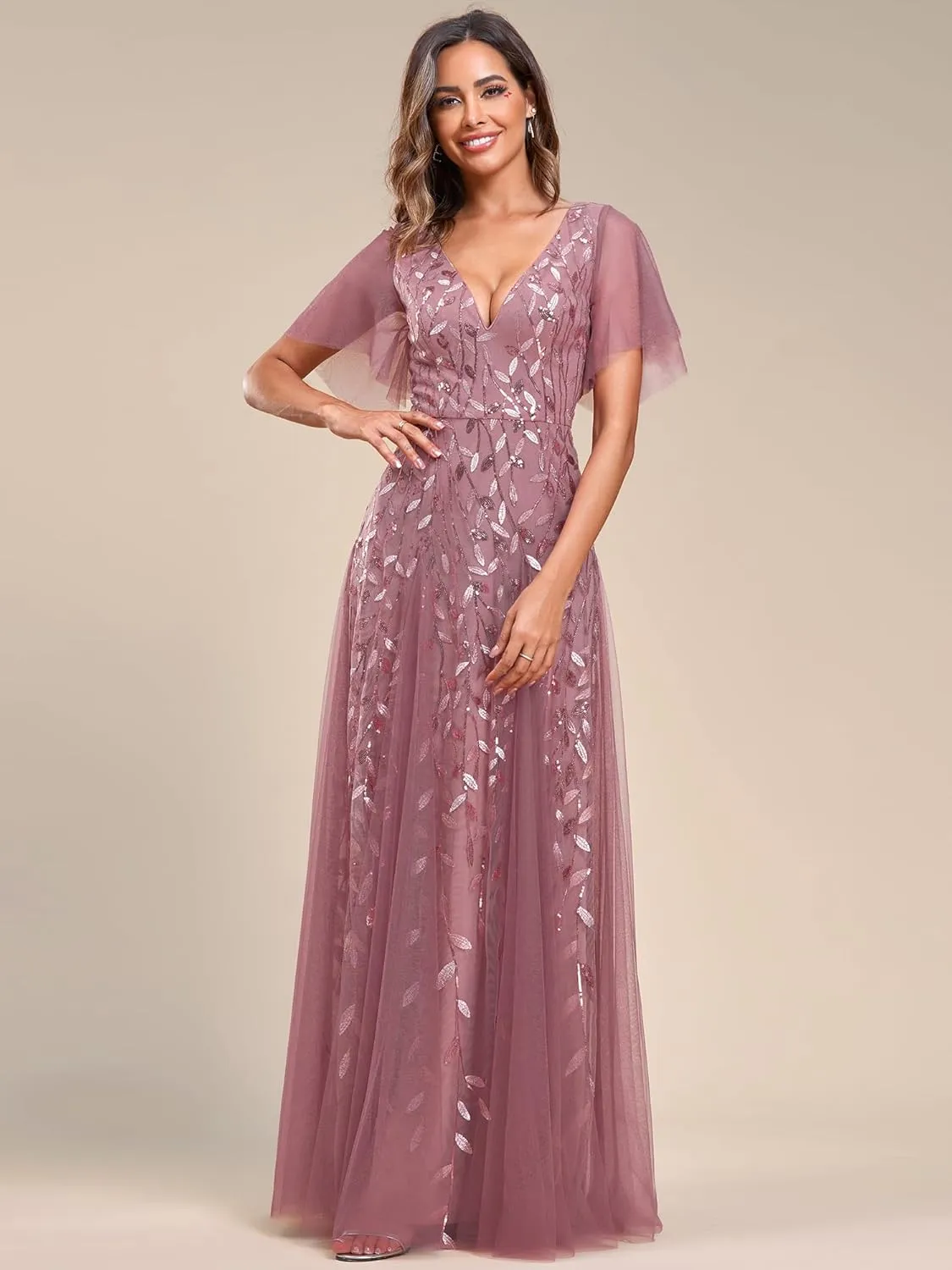 Ever-Pretty Women's Sequin Sparkly V-Neck Short Sleeve Maxi Evening Dress 00734