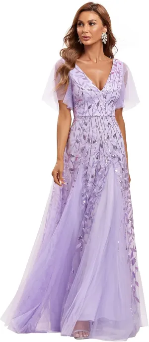 Ever-Pretty Women's Sequin Sparkly V-Neck Short Sleeve Maxi Evening Dress 00734