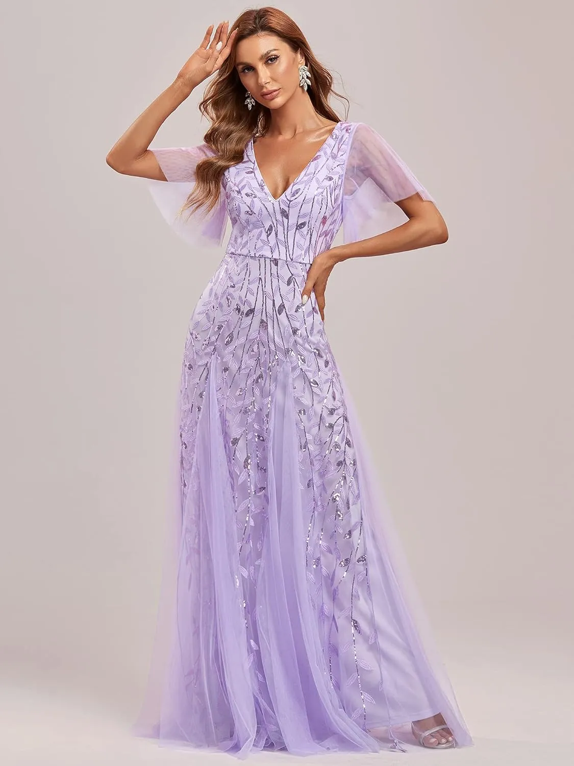 Ever-Pretty Women's Sequin Sparkly V-Neck Short Sleeve Maxi Evening Dress 00734