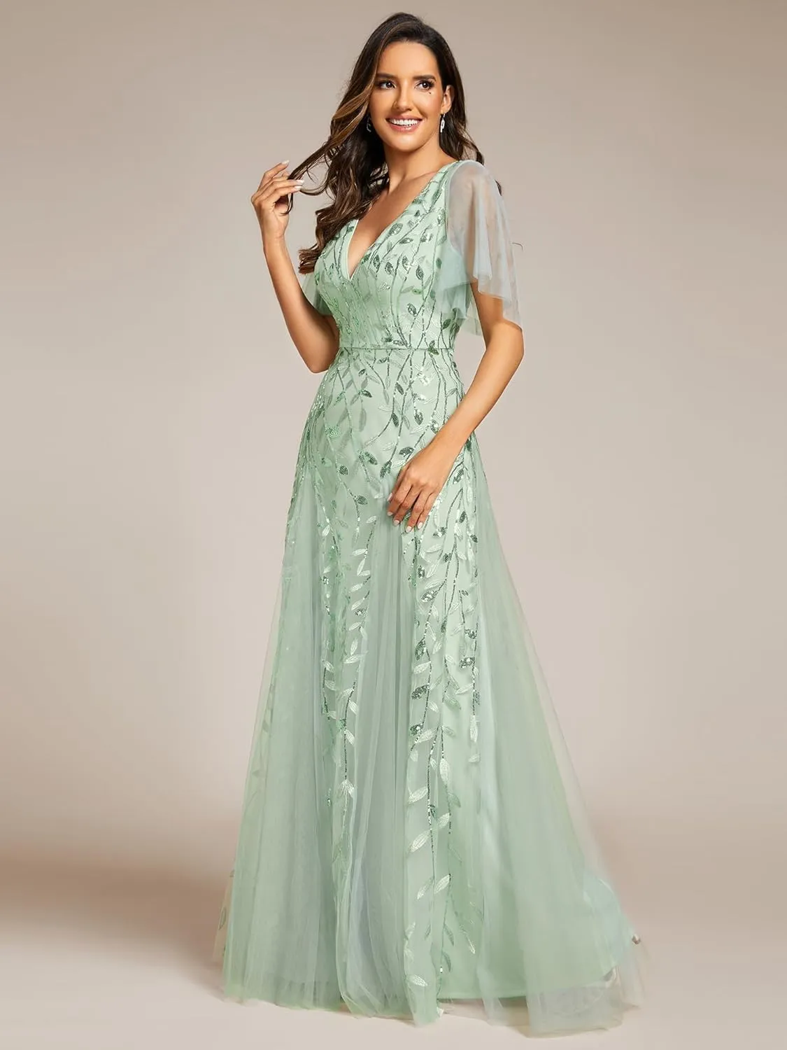 Ever-Pretty Women's Sequin Sparkly V-Neck Short Sleeve Maxi Evening Dress 00734