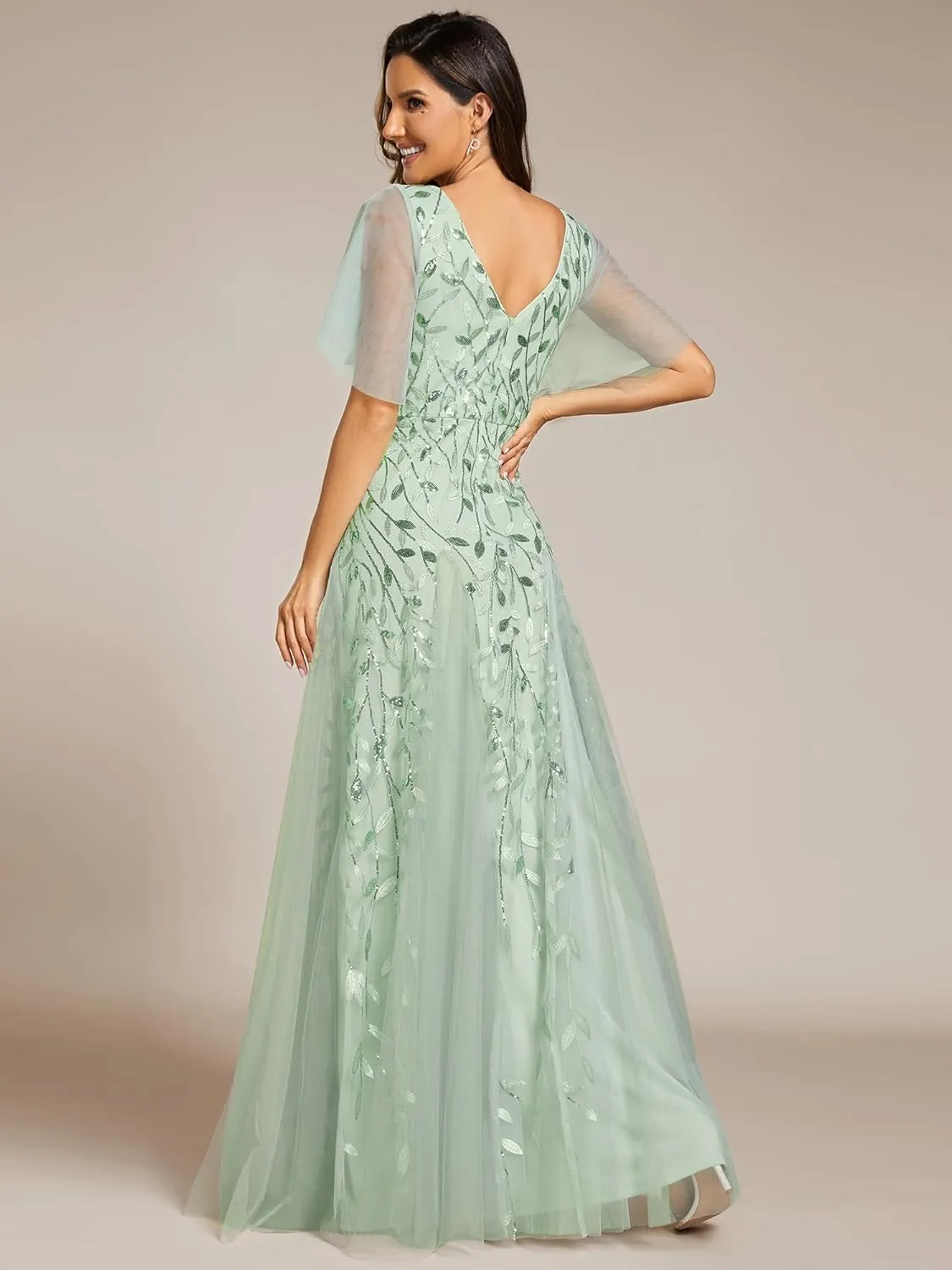 Ever-Pretty Women's Sequin Sparkly V-Neck Short Sleeve Maxi Evening Dress 00734