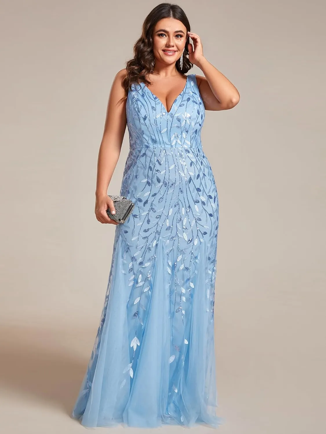 Ever-Pretty Women's Sequin V Neck Sleeveless Bodycon Mermaid Plus Size Formal Evening Gowns Prom Dresses 07886-PZUSA