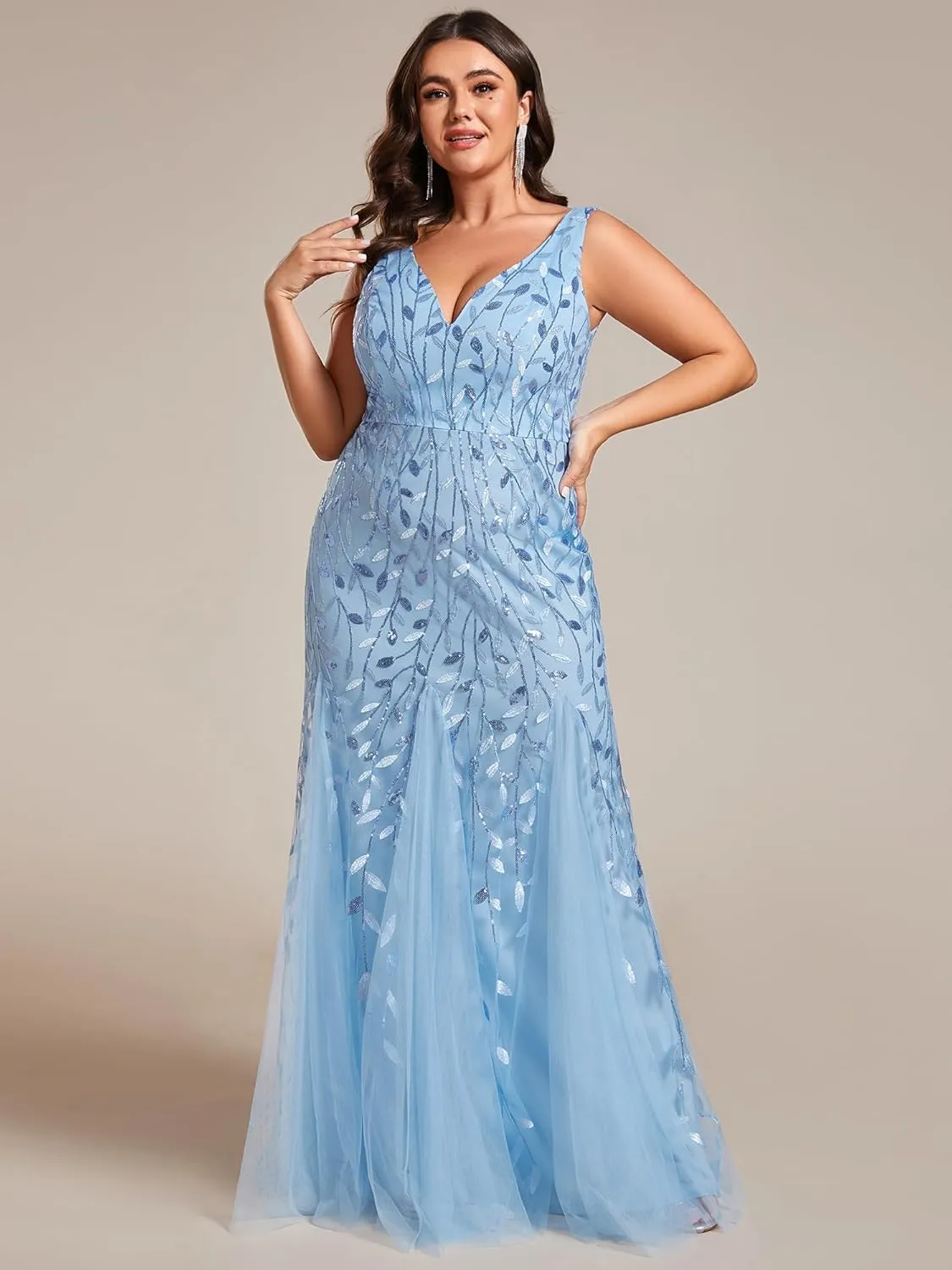 Ever-Pretty Women's Sequin V Neck Sleeveless Bodycon Mermaid Plus Size Formal Evening Gowns Prom Dresses 07886-PZUSA