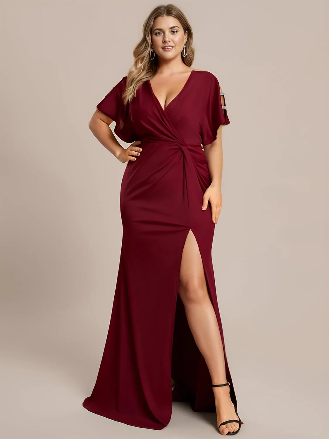 Ever-Pretty Women's Sexy Hollow Out V Neck Sequin Split Plus Size Trendy Formal Dresses for Curvy Women 1777-DAPH