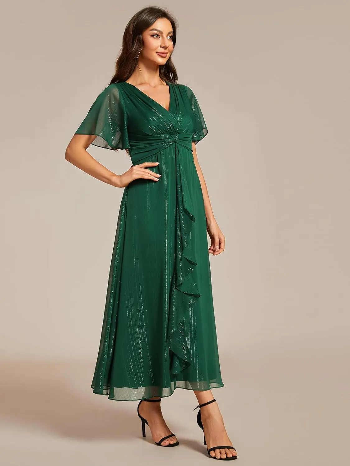 Ever-Pretty Women's Summer Glitter Knot Waist V Neck Ruffles Sleeves Pleated Wedding Guest Dress 02131