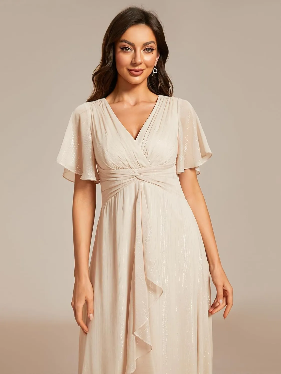 Ever-Pretty Women's Summer Glitter Knot Waist V Neck Ruffles Sleeves Pleated Wedding Guest Dress 02131