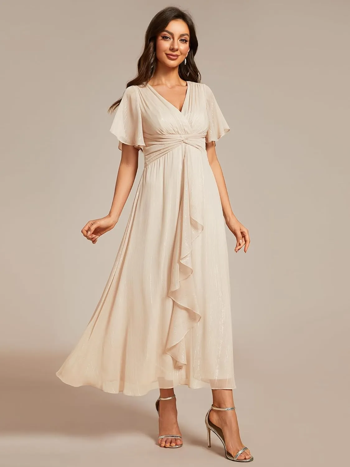 Ever-Pretty Women's Summer Glitter Knot Waist V Neck Ruffles Sleeves Pleated Wedding Guest Dress 02131