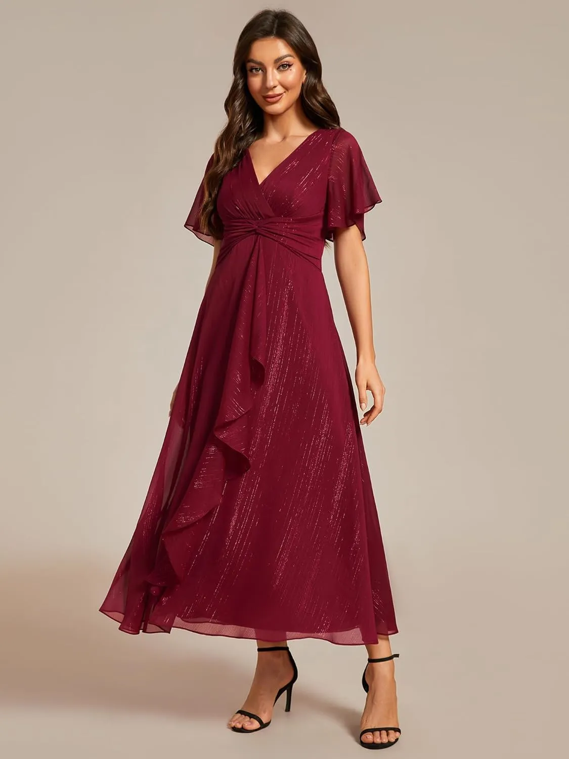 Ever-Pretty Women's Summer Glitter Knot Waist V Neck Ruffles Sleeves Pleated Wedding Guest Dress 02131