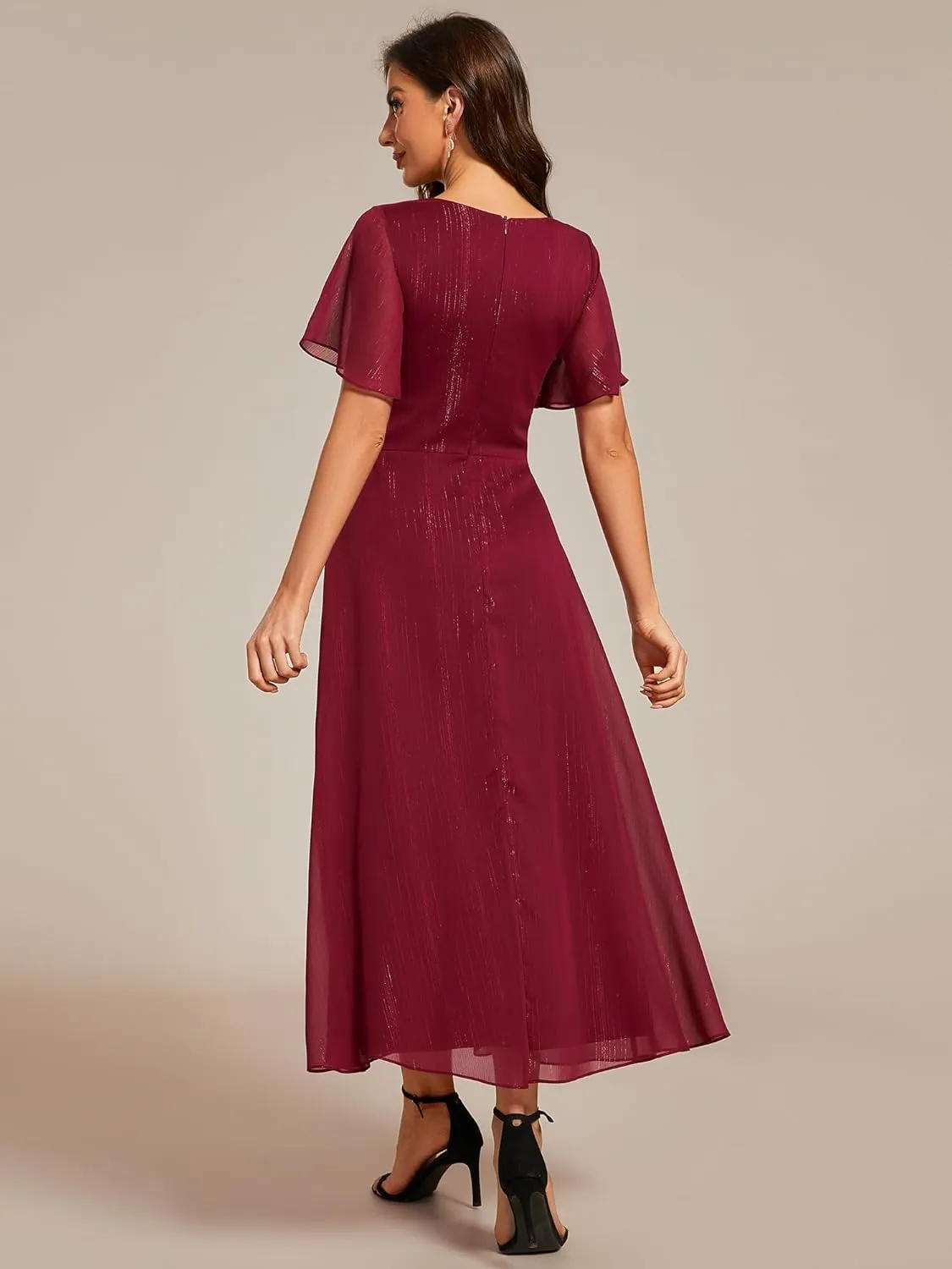 Ever-Pretty Women's Summer Glitter Knot Waist V Neck Ruffles Sleeves Pleated Wedding Guest Dress 02131