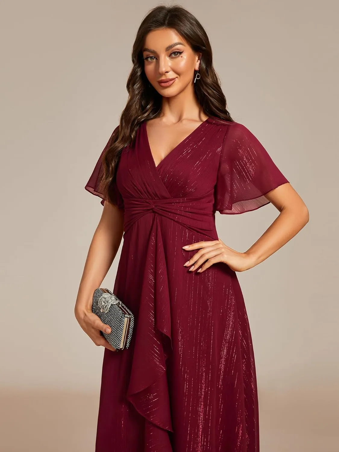 Ever-Pretty Women's Summer Glitter Knot Waist V Neck Ruffles Sleeves Pleated Wedding Guest Dress 02131