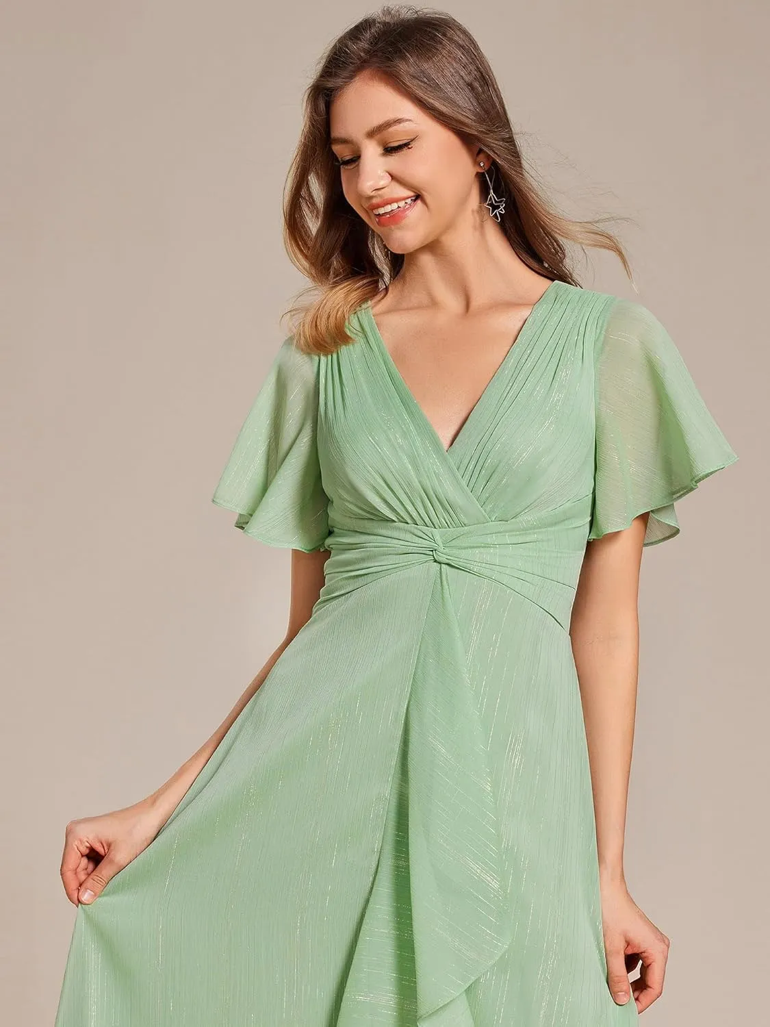 Ever-Pretty Women's Summer Glitter Knot Waist V Neck Ruffles Sleeves Pleated Wedding Guest Dress 02131