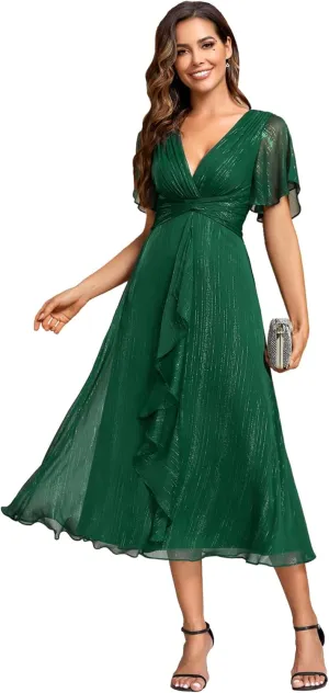 Ever-Pretty Women's Summer Glitter Knot Waist V Neck Ruffles Sleeves Pleated Wedding Guest Dress 02131