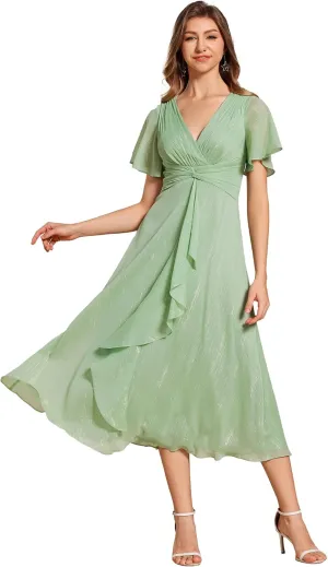 Ever-Pretty Women's Summer Glitter Knot Waist V Neck Ruffles Sleeves Pleated Wedding Guest Dress 02131