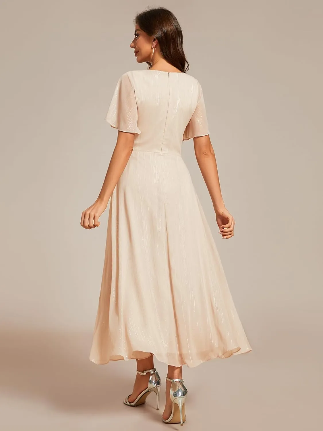 Ever-Pretty Women's Summer Glitter Knot Waist V Neck Ruffles Sleeves Pleated Wedding Guest Dress 02131