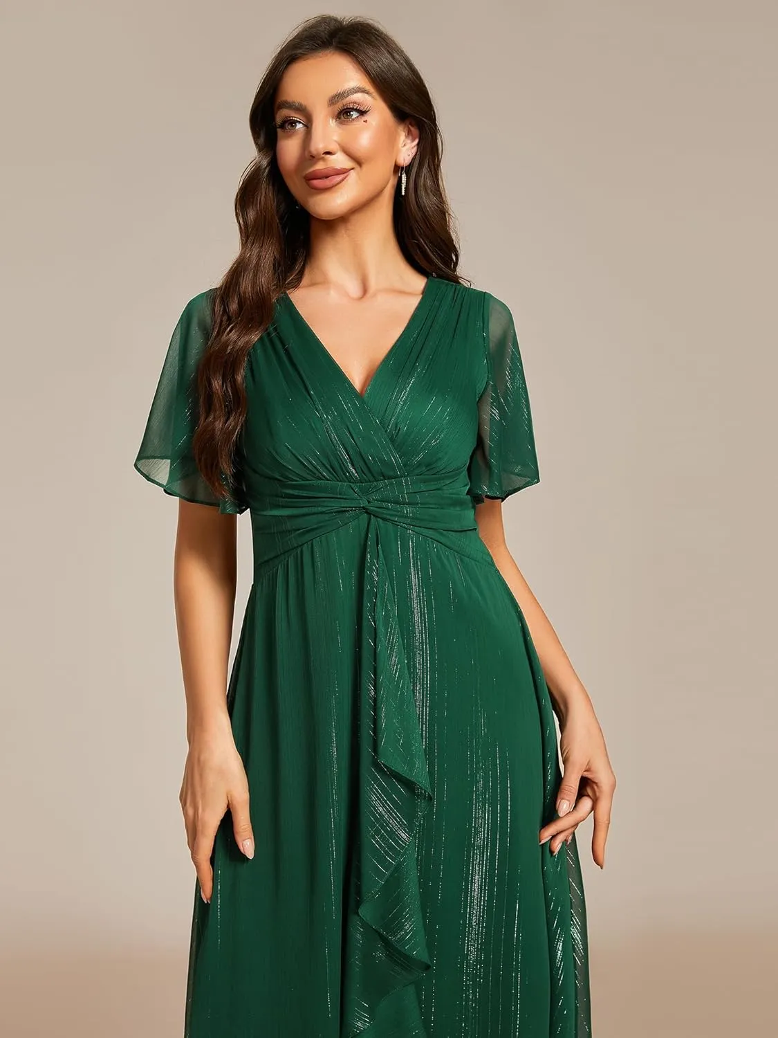 Ever-Pretty Women's Summer Glitter Knot Waist V Neck Ruffles Sleeves Pleated Wedding Guest Dress 02131