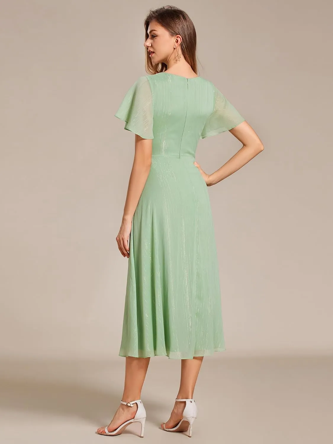 Ever-Pretty Women's Summer Glitter Knot Waist V Neck Ruffles Sleeves Pleated Wedding Guest Dress 02131