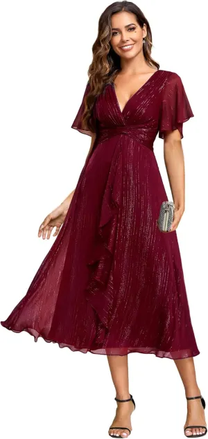 Ever-Pretty Women's Summer Glitter Knot Waist V Neck Ruffles Sleeves Pleated Wedding Guest Dress 02131