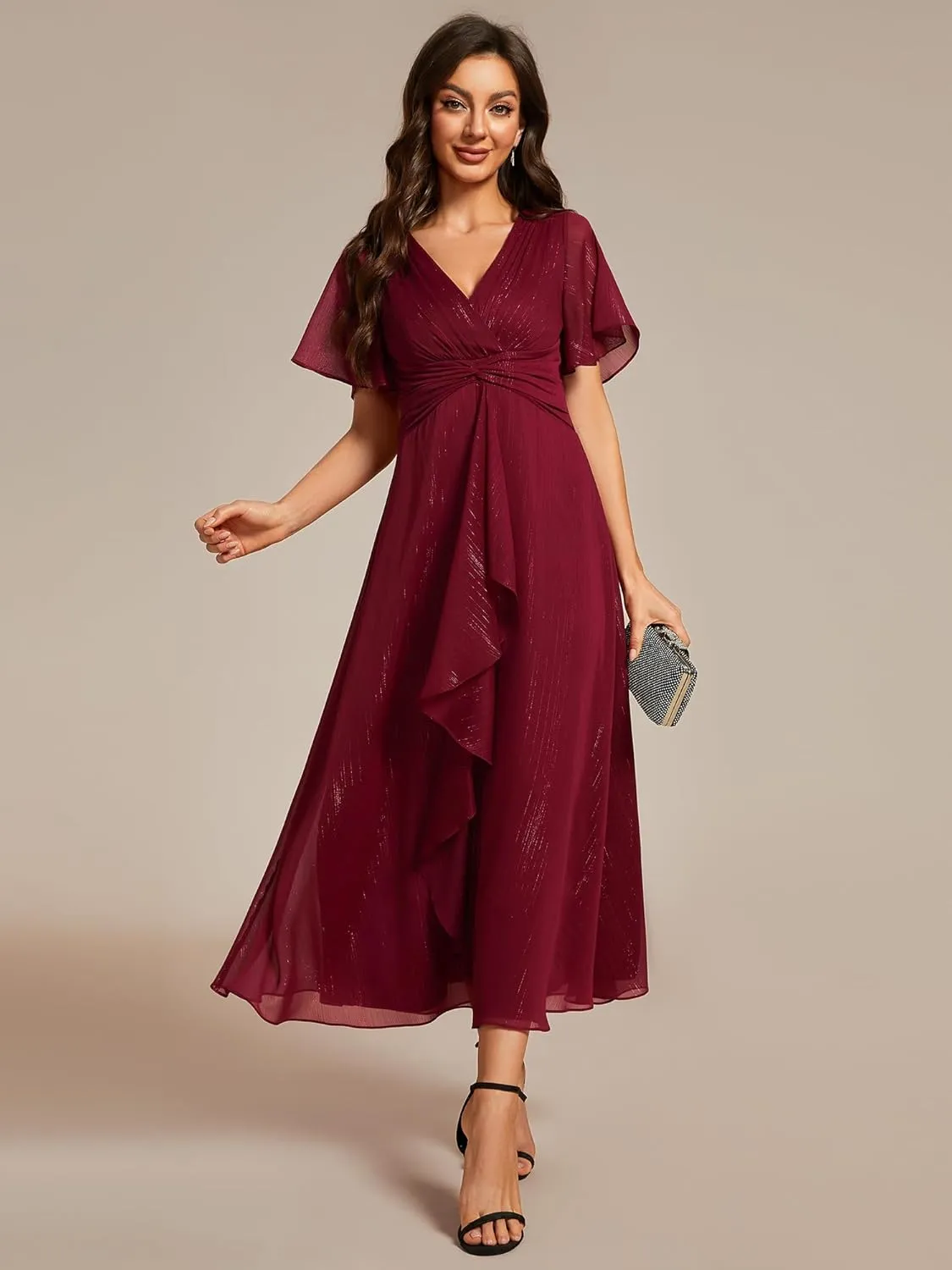Ever-Pretty Women's Summer Glitter Knot Waist V Neck Ruffles Sleeves Pleated Wedding Guest Dress 02131