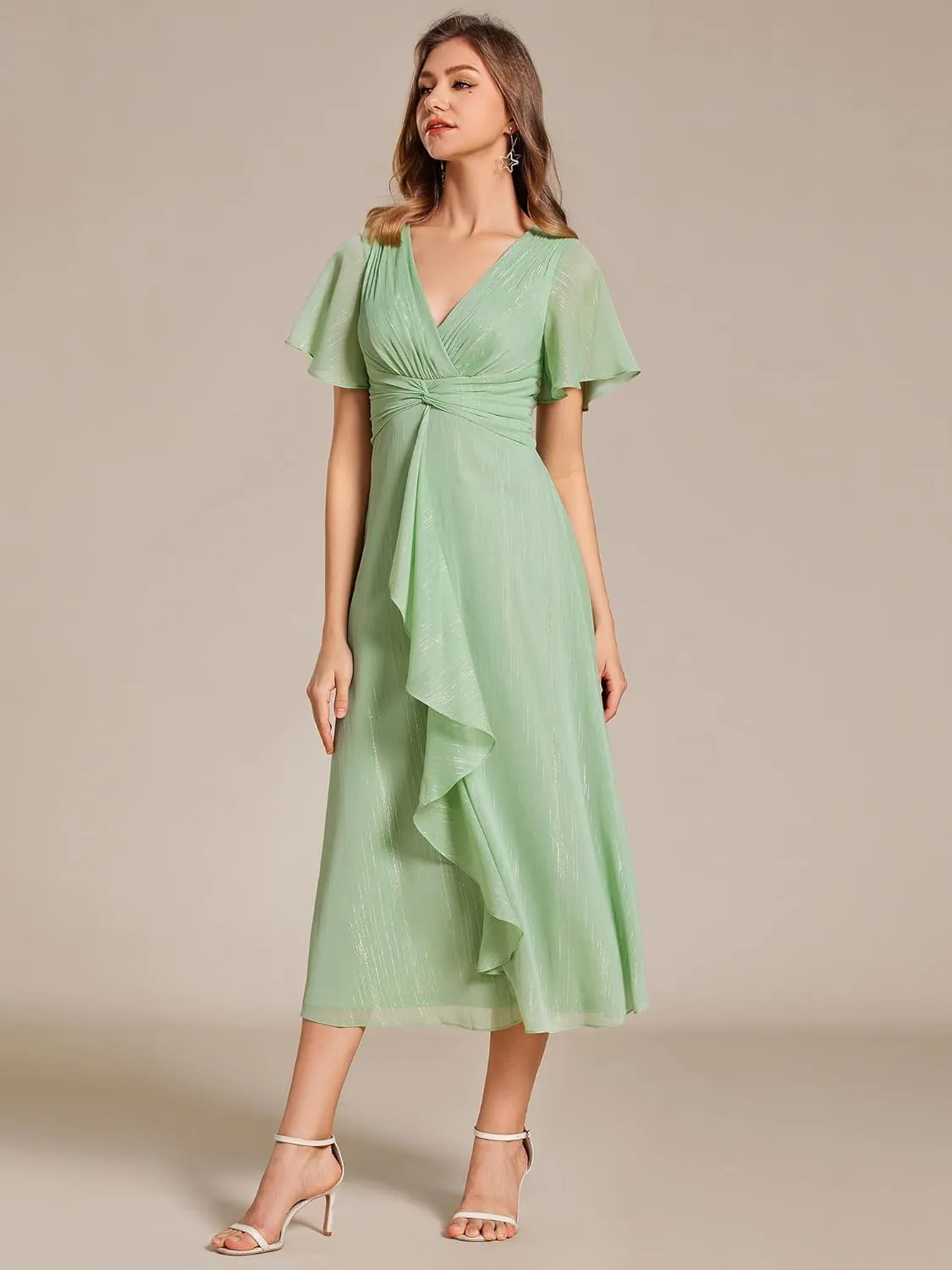 Ever-Pretty Women's Summer Glitter Knot Waist V Neck Ruffles Sleeves Pleated Wedding Guest Dress 02131