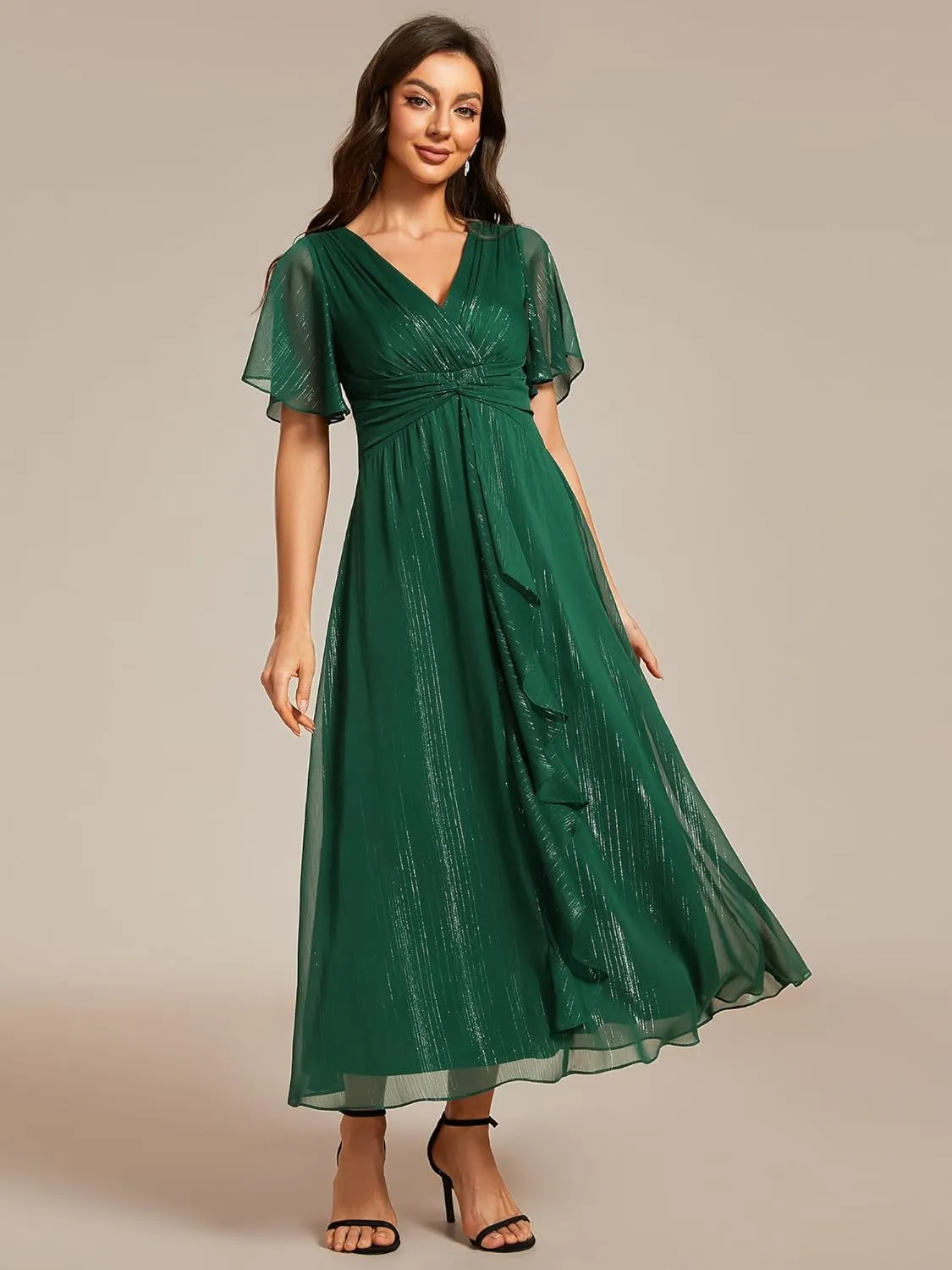 Ever-Pretty Women's Summer Glitter Knot Waist V Neck Ruffles Sleeves Pleated Wedding Guest Dress 02131