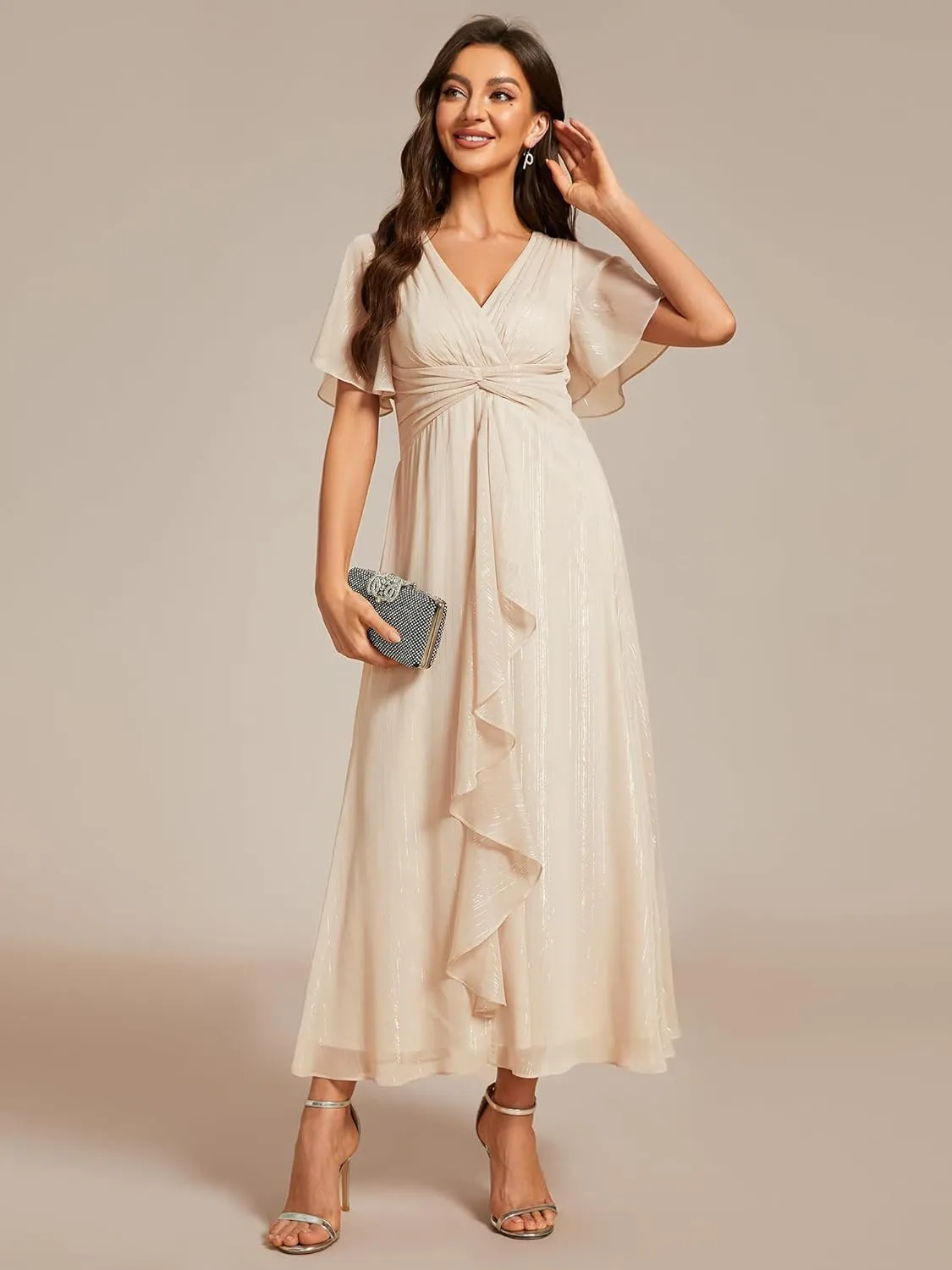 Ever-Pretty Women's Summer Glitter Knot Waist V Neck Ruffles Sleeves Pleated Wedding Guest Dress 02131