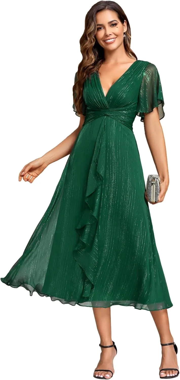 Ever-Pretty Women's Summer Glitter Knot Waist V Neck Ruffles Sleeves Pleated Wedding Guest Dress 02131