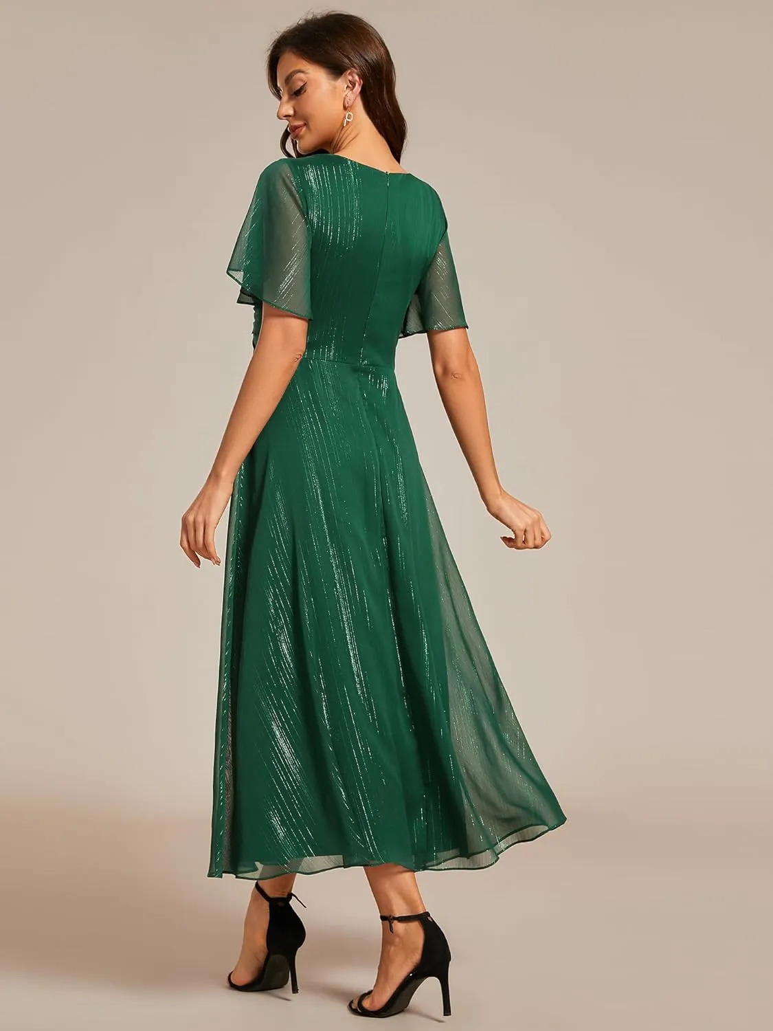 Ever-Pretty Women's Summer Glitter Knot Waist V Neck Ruffles Sleeves Pleated Wedding Guest Dress 02131