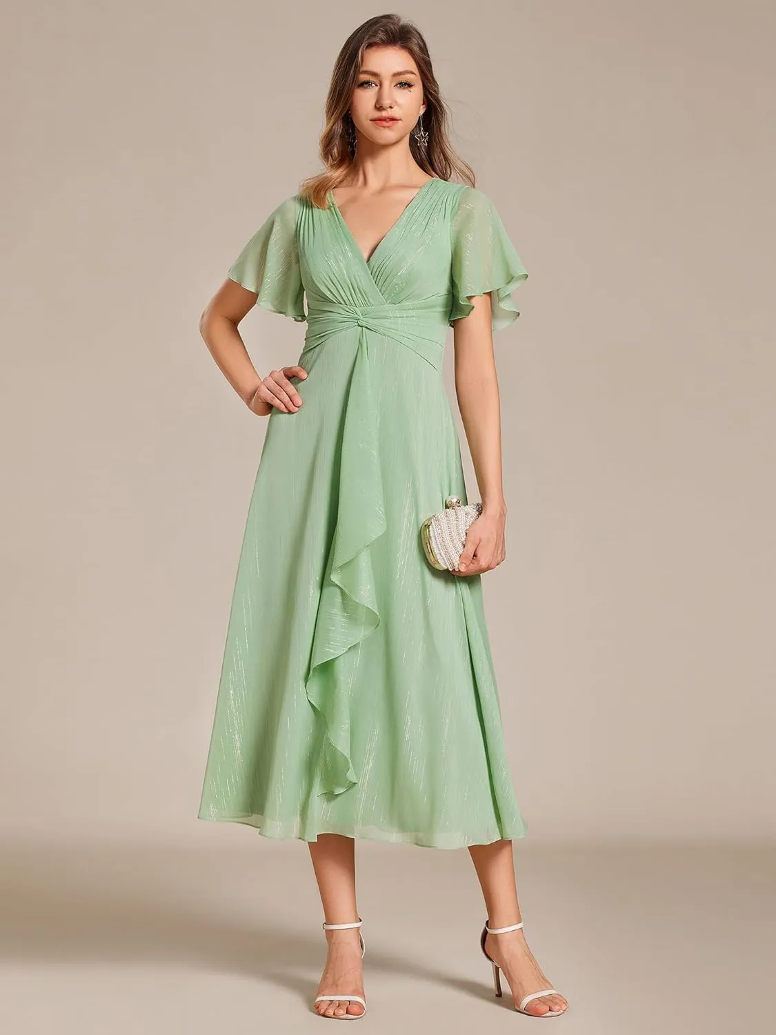Ever-Pretty Women's Summer Glitter Knot Waist V Neck Ruffles Sleeves Pleated Wedding Guest Dress 02131