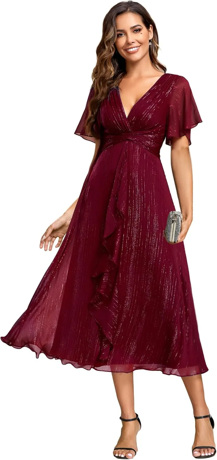 Ever-Pretty Women's Summer Glitter Knot Waist V Neck Ruffles Sleeves Pleated Wedding Guest Dress 02131