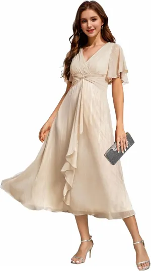 Ever-Pretty Women's Summer Glitter Knot Waist V Neck Ruffles Sleeves Pleated Wedding Guest Dress 02131