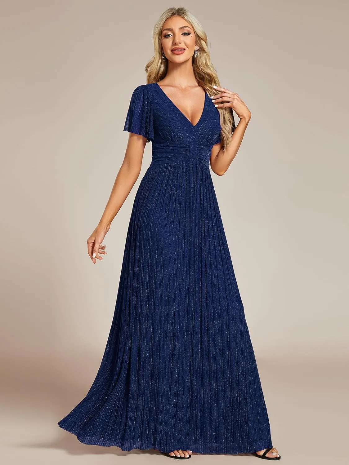 Ever-Pretty Women's Summer Wedding Guest Dress Glitter V Neck Pleated Short Sleeves Evening Mother Dresses 11961