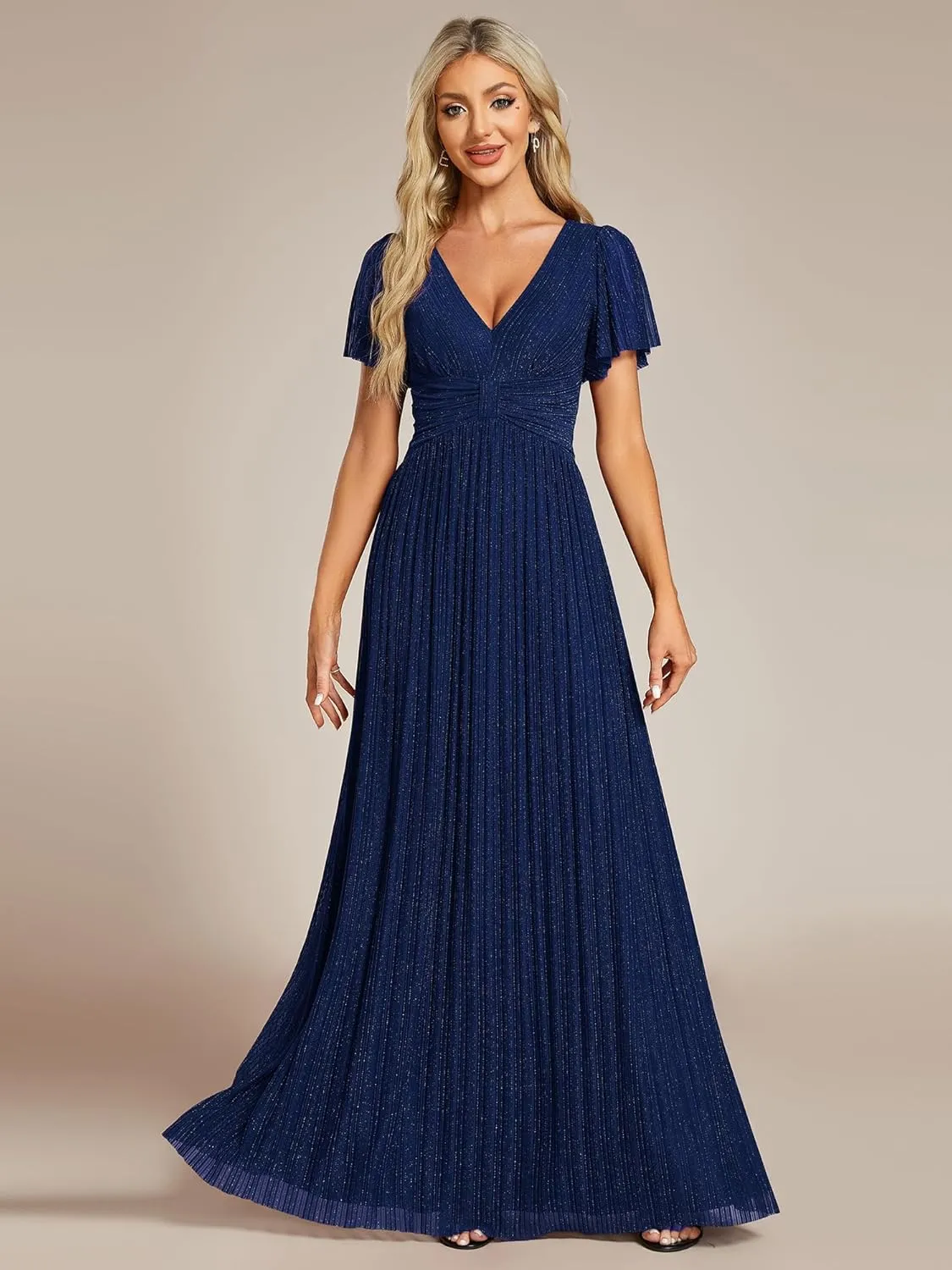 Ever-Pretty Women's Summer Wedding Guest Dress Glitter V Neck Pleated Short Sleeves Evening Mother Dresses 11961