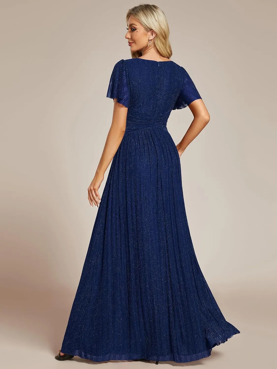 Ever-Pretty Women's Summer Wedding Guest Dress Glitter V Neck Pleated Short Sleeves Evening Mother Dresses 11961