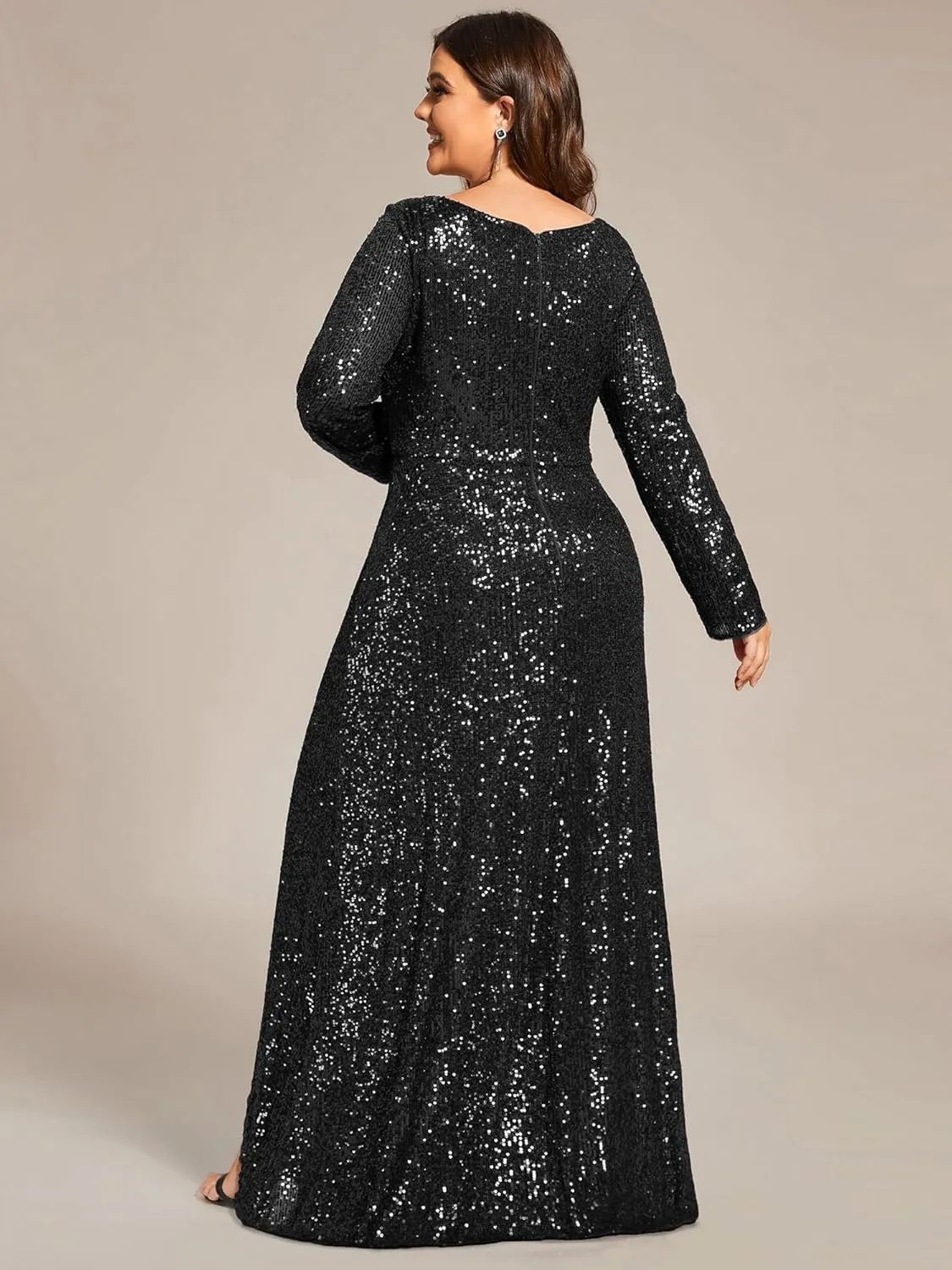 Ever-Pretty Women's V-Neck A-Line Pleated Long Sleeves Floor Length Plus Size Sequin Dress Formal Evening Gowns 50146-DA