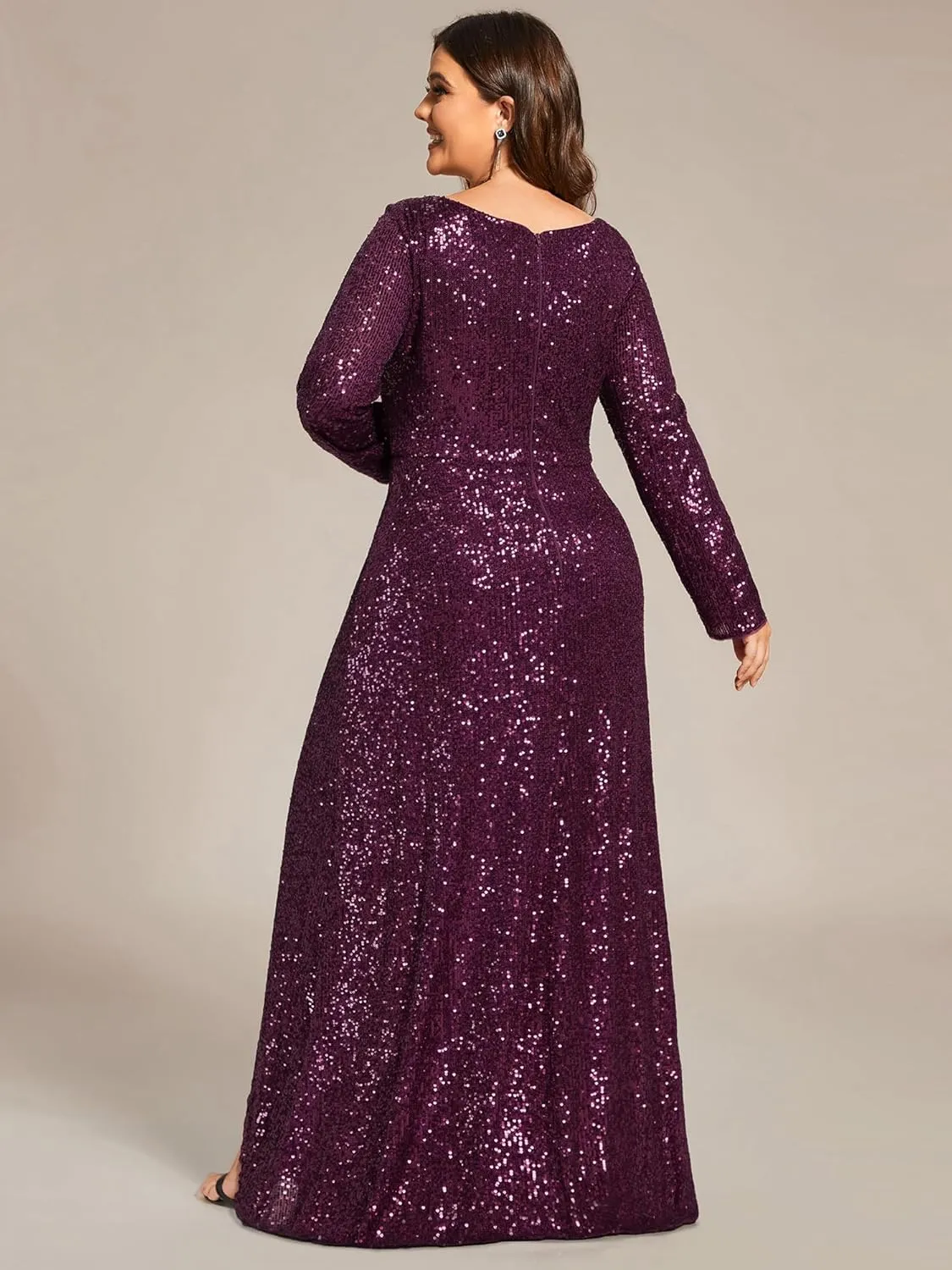 Ever-Pretty Women's V-Neck A-Line Pleated Long Sleeves Floor Length Plus Size Sequin Dress Formal Evening Gowns 50146-DA