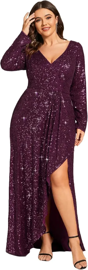 Ever-Pretty Women's V-Neck A-Line Pleated Long Sleeves Floor Length Plus Size Sequin Dress Formal Evening Gowns 50146-DA