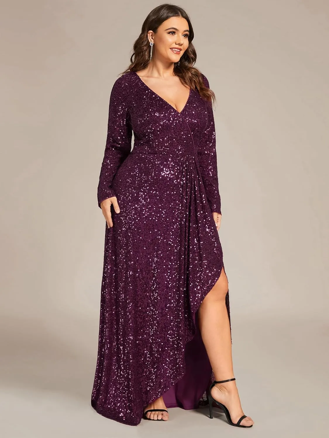 Ever-Pretty Women's V-Neck A-Line Pleated Long Sleeves Floor Length Plus Size Sequin Dress Formal Evening Gowns 50146-DA
