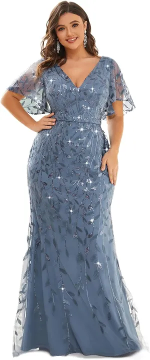 Ever-Pretty Women's V-Neck Curvy Embroidery Formal Dresses Plus Size Sequin Mother of The Bride Dresses 0692-PZUSA