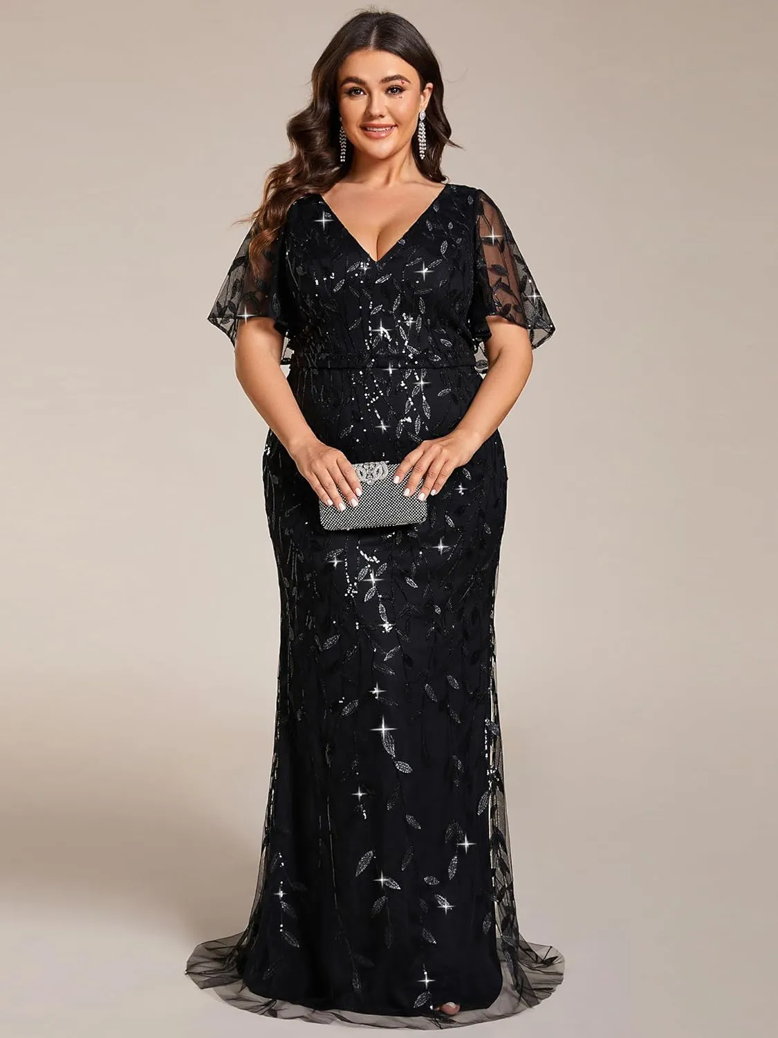 Ever-Pretty Women's V-Neck Curvy Embroidery Formal Dresses Plus Size Sequin Mother of The Bride Dresses 0692-PZUSA