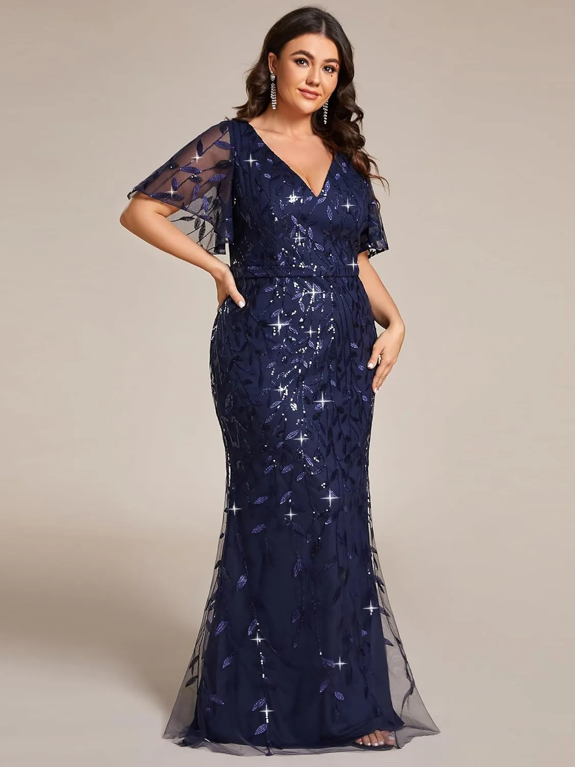 Ever-Pretty Women's V-Neck Curvy Embroidery Formal Dresses Plus Size Sequin Mother of The Bride Dresses 0692-PZUSA