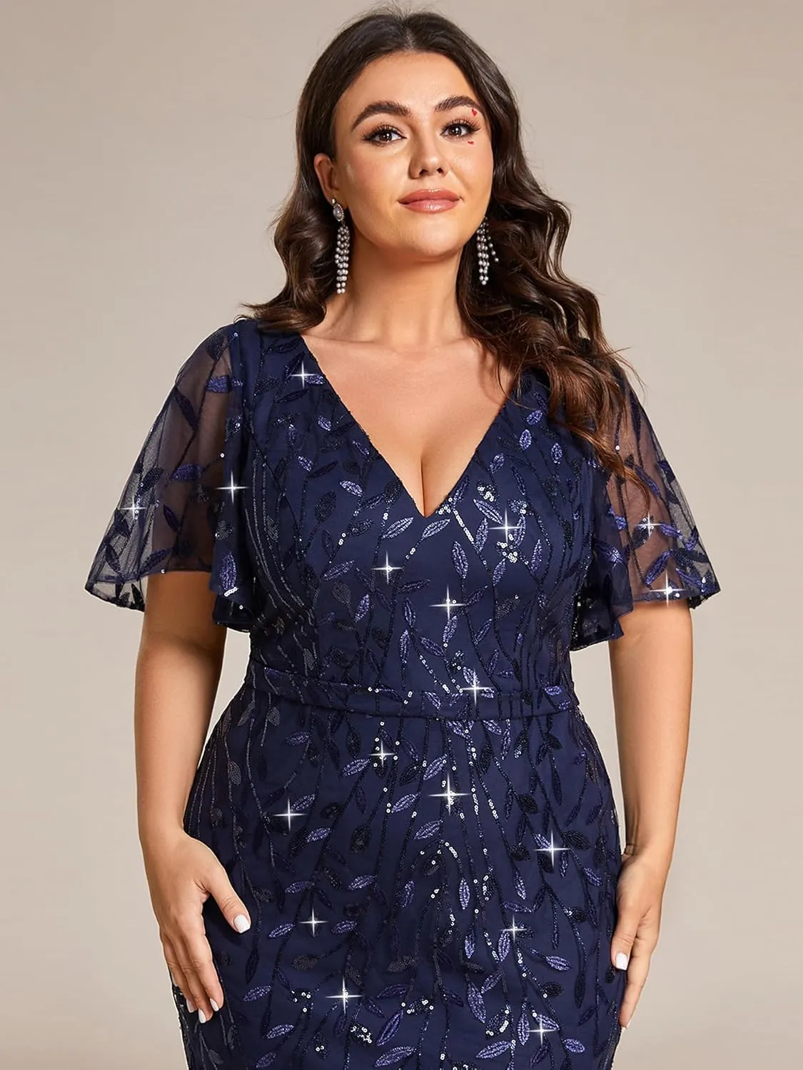 Ever-Pretty Women's V-Neck Curvy Embroidery Formal Dresses Plus Size Sequin Mother of The Bride Dresses 0692-PZUSA