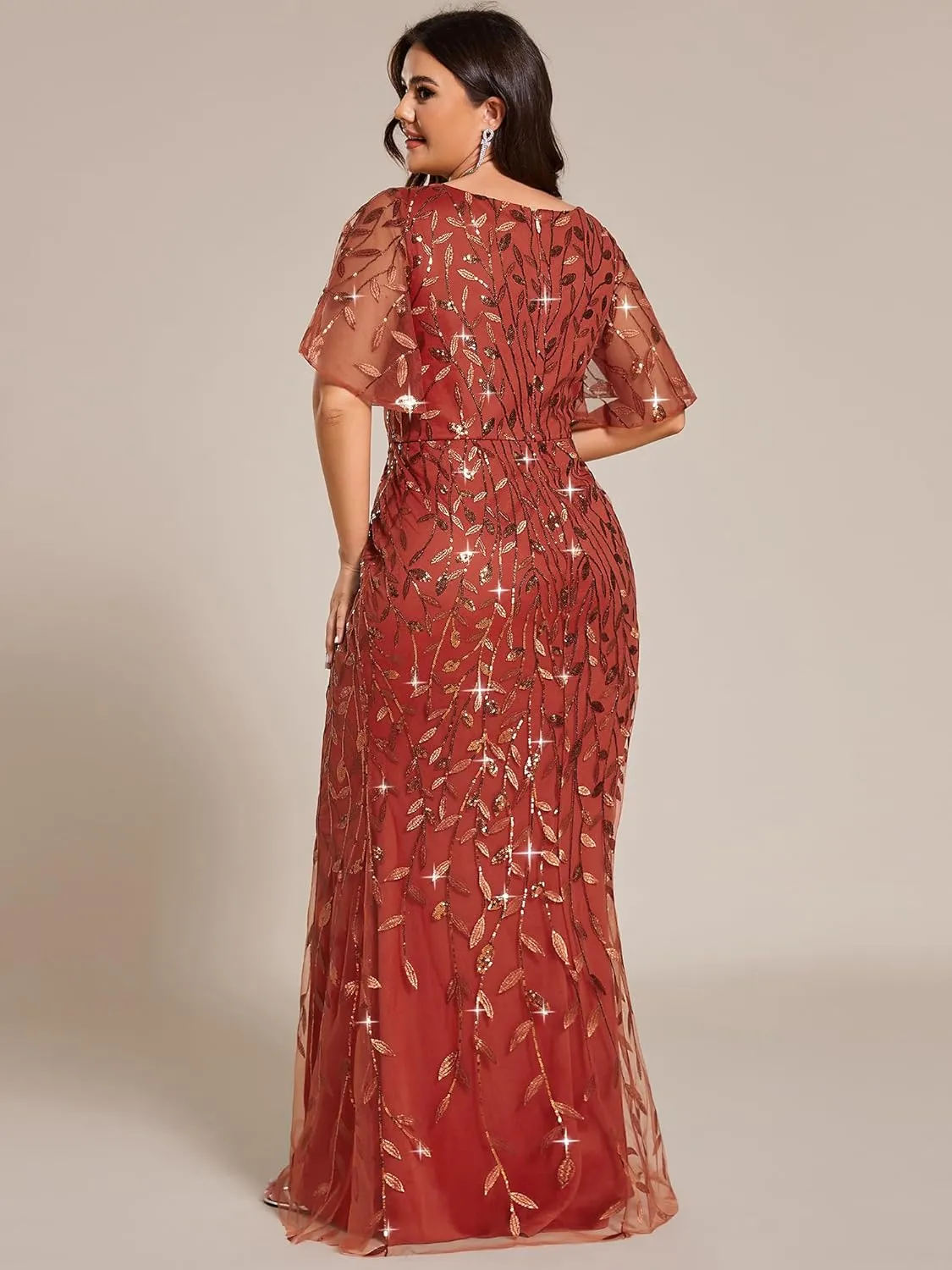 Ever-Pretty Women's V-Neck Curvy Embroidery Formal Dresses Plus Size Sequin Mother of The Bride Dresses 0692-PZUSA