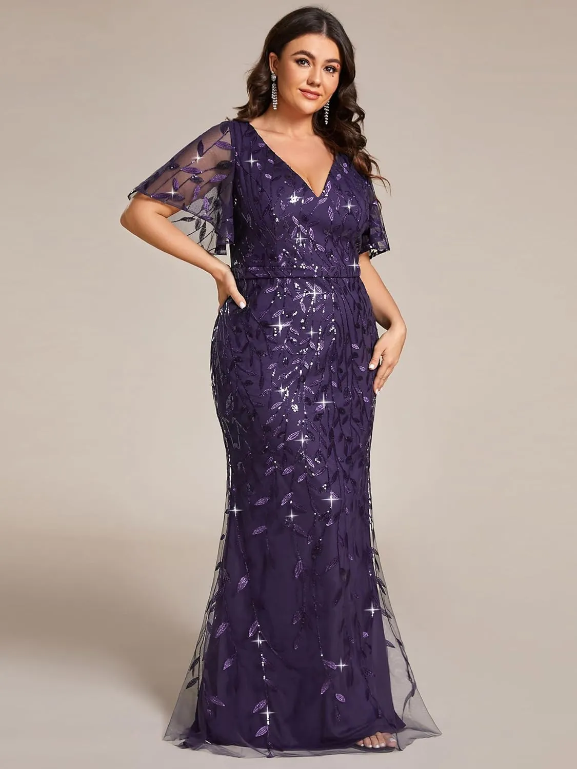 Ever-Pretty Women's V-Neck Curvy Embroidery Formal Dresses Plus Size Sequin Mother of The Bride Dresses 0692-PZUSA